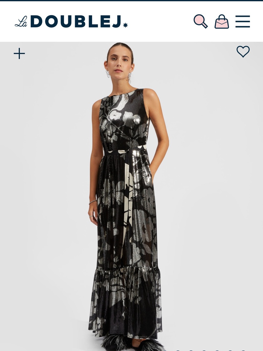 La Double J Black and Silver Floral Sequin Evening Dress